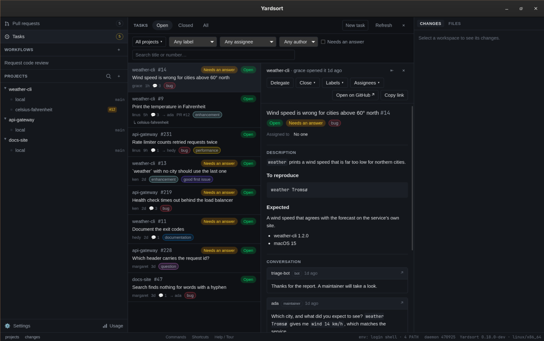 The Tasks view: every project's open issues on the left, one open on the right with its description and conversation, and buttons to delegate, close, label and assign it