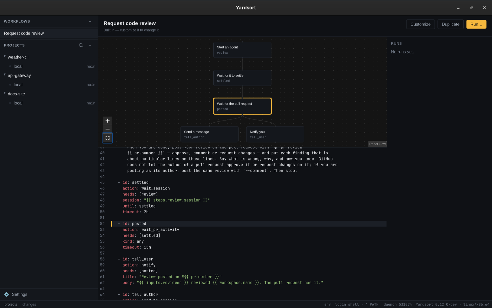 The built-in code review with a selected step and its YAML source highlighted
